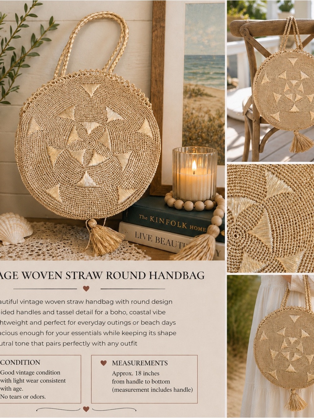 Round Woven Straw Handbag with Tassel - Natural
